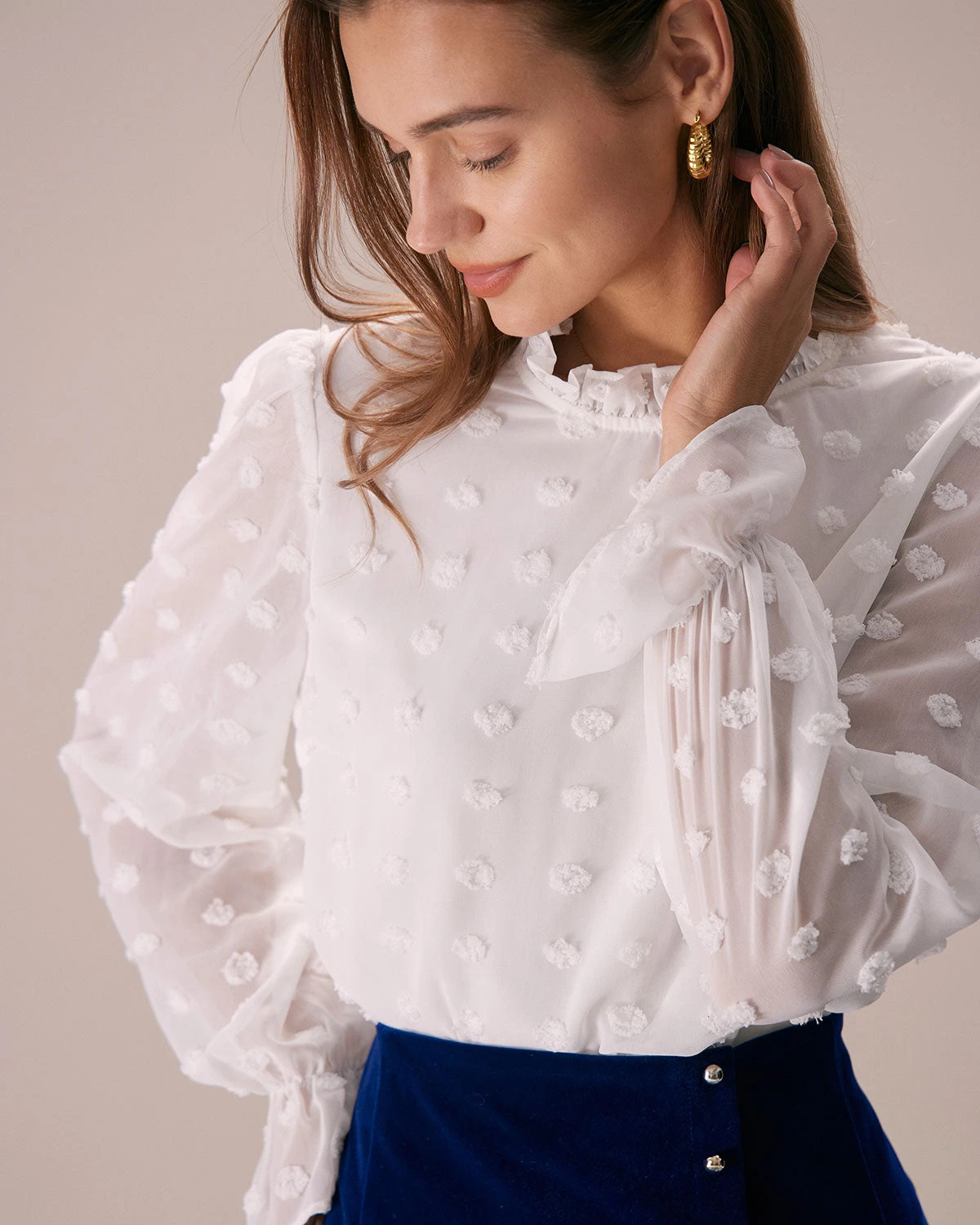 The White Mock Neck Dobby Sheer Blouse 2 The White Mock Neck Dobby Sheer Blouse - Image 2