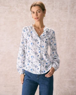 The White Mock Neck Leaf Print Button Shirt
