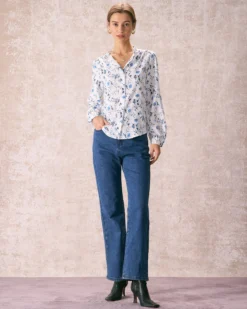 The White Mock Neck Leaf Print Button Shirt -Deals Dress N Swimwear Store the white mock neck leaf print shirt tops u71ix1