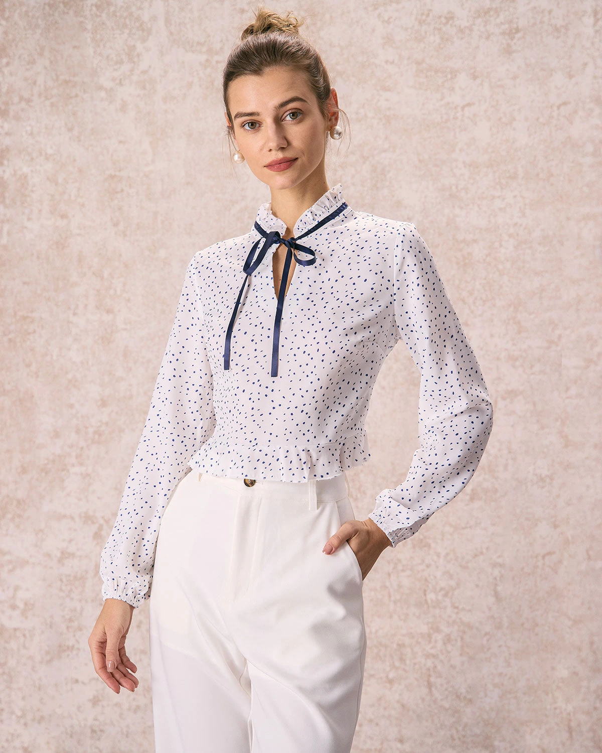 The White Mock Neck Polka Dot Ruffle Blouse 1 The White Mock Neck Polka Dot Ruffle Blouse