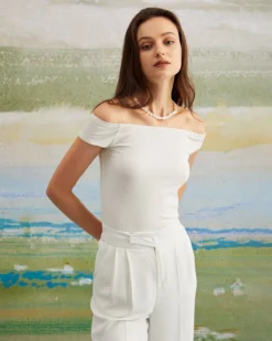 The White Off The Shoulder Ribbed Knit Tee -Deals Dress N Swimwear Store the white off the shoulder solid knit tee white tops jvfmsz 917432