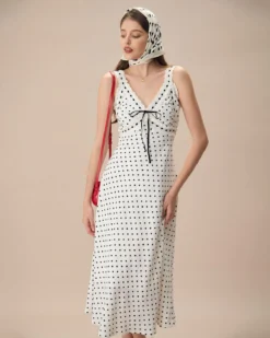 The White V-Neck Polka Dot Lace Trim Midi Dress