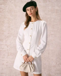 The White Round Neck Button Mini Dress -Deals Dress N Swimwear Store the white round neck button mini dress dresses dagdwt