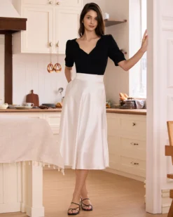 The White Hight-waisted Satin Pocket Midi Skirt