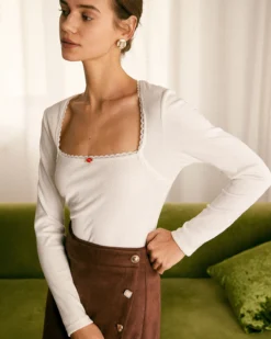 The White Square Neck Lace Trim Knit Top -Deals Dress N Swimwear Store the white square neck lace knit top tops siau8u