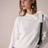 The White Mock Neck Tie Ribbed Knit Top