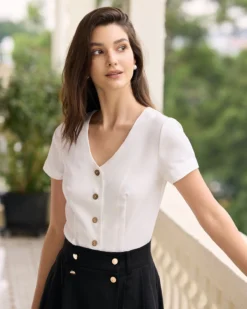 The White V Neck Button Shirt