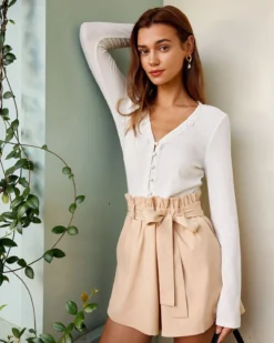 The White V Neck Lace Trim Ribbed Knit Tee