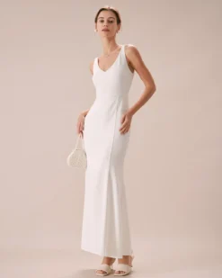 The White V Neck Sheath Mermaid Maxi Dress