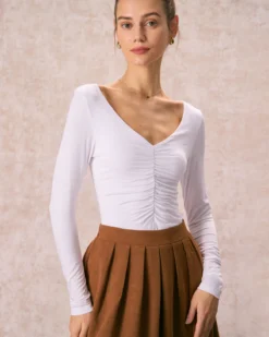 The White V Neck Ruched Long Sleeve Tee -Deals Dress N Swimwear Store the white v neck ruched top tops n9jnag