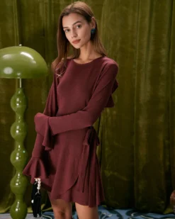 The Wine Red Ruffle Flare Sleeve Mini Dress 11 The Wine Red Ruffle Flare Sleeve Mini Dress -Deals Dress N Swimwear Store the wine red crew neck flare sleeve mini dress dresses f5z1ht
