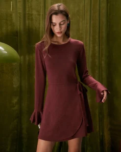 The Wine Red Ruffle Flare Sleeve Mini Dress