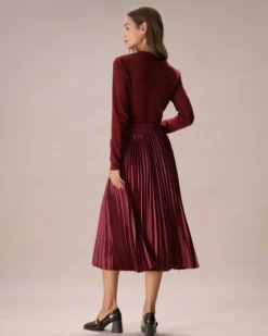 The Wine Red Elastic Waist Pleated Midi Skirt -Deals Dress N Swimwear Store the wine red pleated midi skirt bottoms eqvtmk