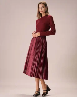 The Wine Red Elastic Waist Pleated Midi Skirt -Deals Dress N Swimwear Store the wine red pleated midi skirt bottoms w3pwb9