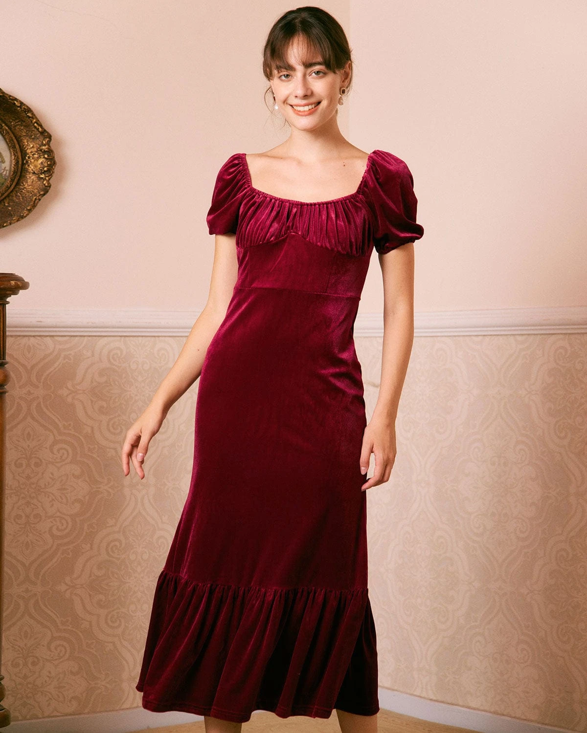 The Wine Red U Neck Ruched Velvet Maxi Dress 5 The Wine Red U Neck Ruched Velvet Maxi Dress - Image 5