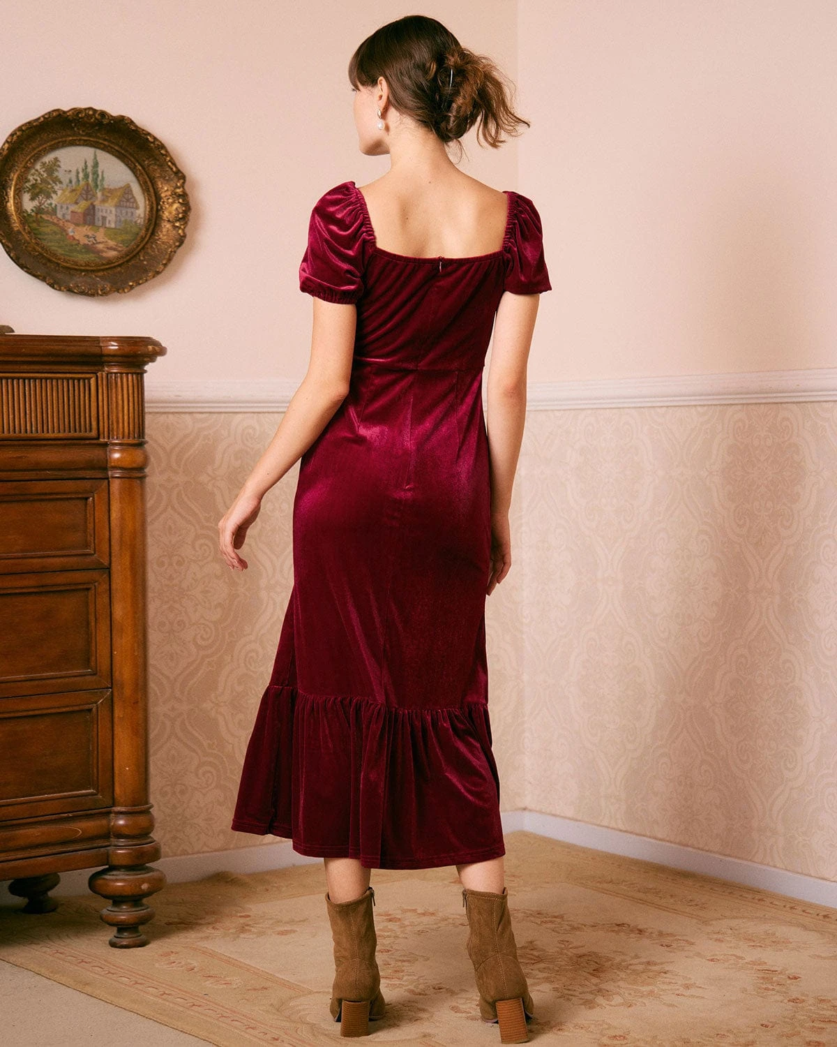 The Wine Red U Neck Ruched Velvet Maxi Dress 6 The Wine Red U Neck Ruched Velvet Maxi Dress - Image 6