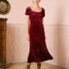 The Wine Red U Neck Ruched Velvet Maxi Dress