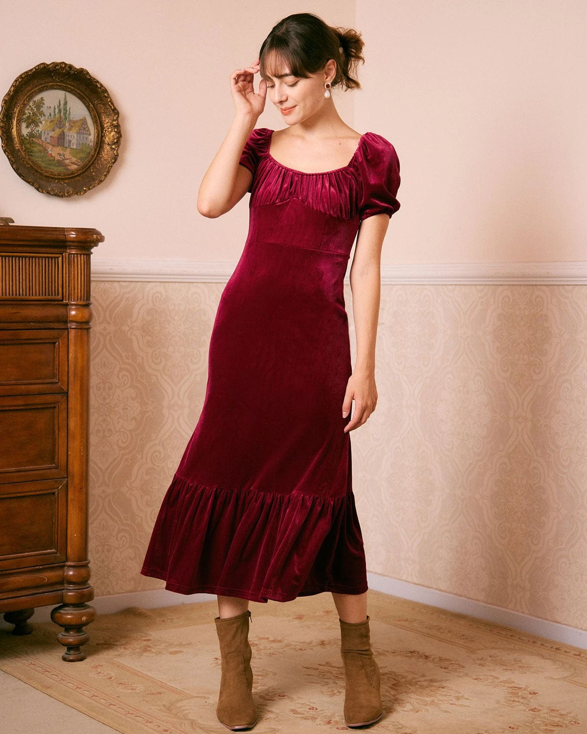 The Wine Red U Neck Ruched Velvet Maxi Dress 4 The Wine Red U Neck Ruched Velvet Maxi Dress - Image 4