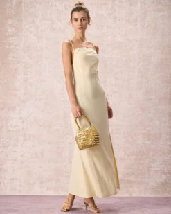 The Yellow Ruched Backless Slip Maxi Dress