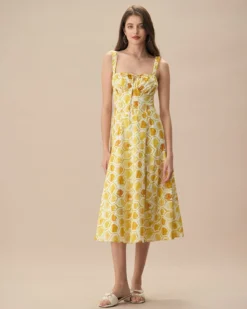 The Yellow Square Neck Floral Cotton Midi Dress -Deals Dress N Swimwear Store the yellow square neck tie midi dress dresses 2ddbik