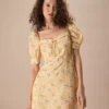 The Yellow Sweetheart Neck Floral Mini Dress