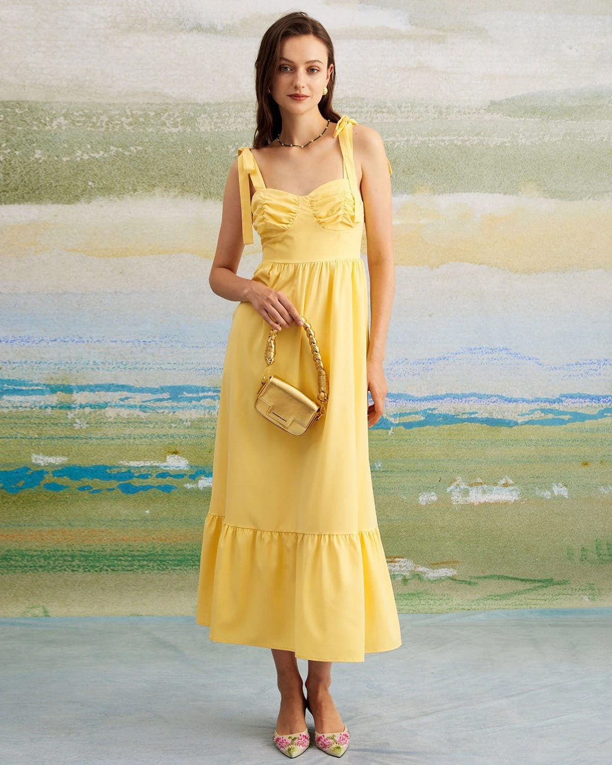 The Yellow Tie Shoulder Ruched Maxi Dress 3 The Yellow Tie Shoulder Ruched Maxi Dress - Image 3
