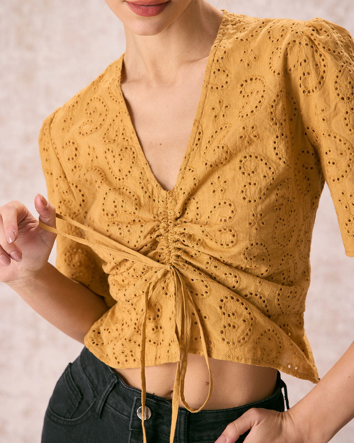 The Yellow V Neck Embroidery Tie Front Tee 2 The Yellow V Neck Embroidery Tie Front Tee - Image 2