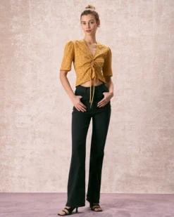 The Yellow V Neck Embroidery Tie Front Tee 9 The Yellow V Neck Embroidery Tie Front Tee -Deals Dress N Swimwear Store the yellow v neck embroidery tee tops kvoq9k