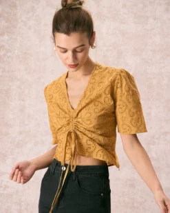 The Yellow V Neck Embroidery Tie Front Tee 8 The Yellow V Neck Embroidery Tie Front Tee -Deals Dress N Swimwear Store the yellow v neck embroidery tee tops nsrlgx