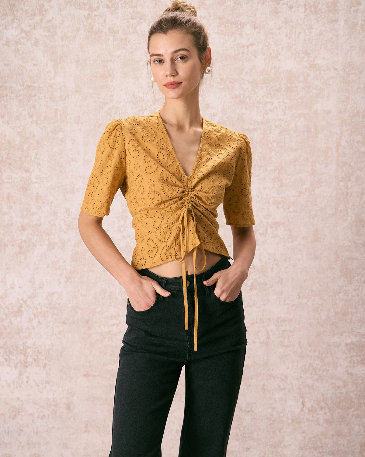 The Yellow V Neck Embroidery Tie Front Tee 1 The Yellow V Neck Embroidery Tie Front Tee