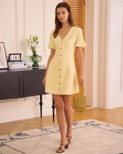 The Yellow V Neck Ruffle Button-up Mini Dress -Deals Dress N Swimwear Store the yellow v neck ruffle mini dress dresses or6xts