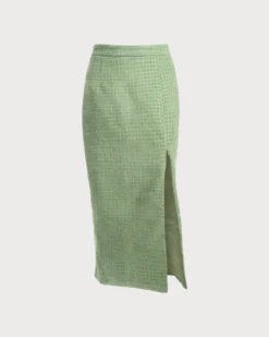 The High Waisted Slit Plaid Tweed Skirt 11 The High Waisted Slit Plaid Tweed Skirt -Deals Dress N Swimwear Store the zipper back plaid tweed skirt green bottoms zumd41